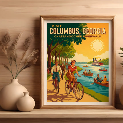 Vintage travel poster for Columbus, Georgia, Chattahoochee River with cyclists and boats.