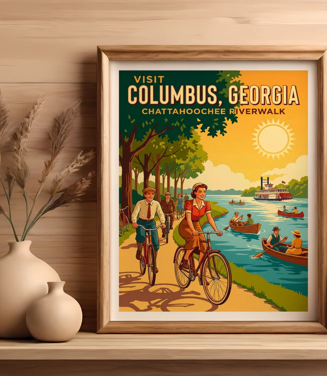 Vintage travel poster for Columbus, Georgia, Chattahoochee River with cyclists and boats.