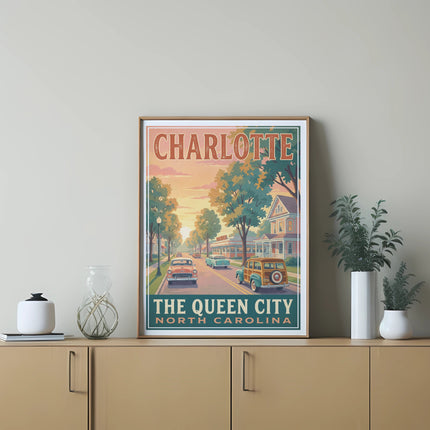 Vintage poster of Charlotte, North Carolina, with retro cars and buildings.