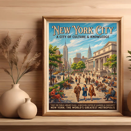 New York City poster with Public Library Plaza scene, text highlights culture and knowledge.