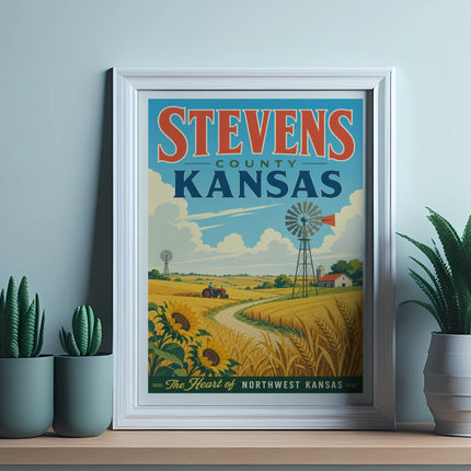 Framed artwork depicting Stevens County, Kansas, with wheat fields and a windmill.