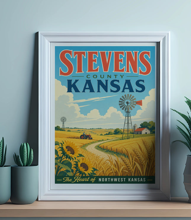 Framed artwork depicting Stevens County, Kansas, with wheat fields and a windmill.