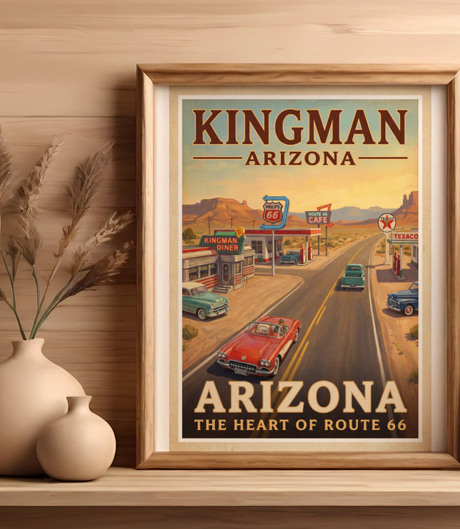 Kingman Arizona Route 66 poster with desert vintage cars and diners.