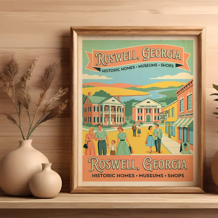 Framed poster of Roswell, Georgia with historic homes, museums, and shops.