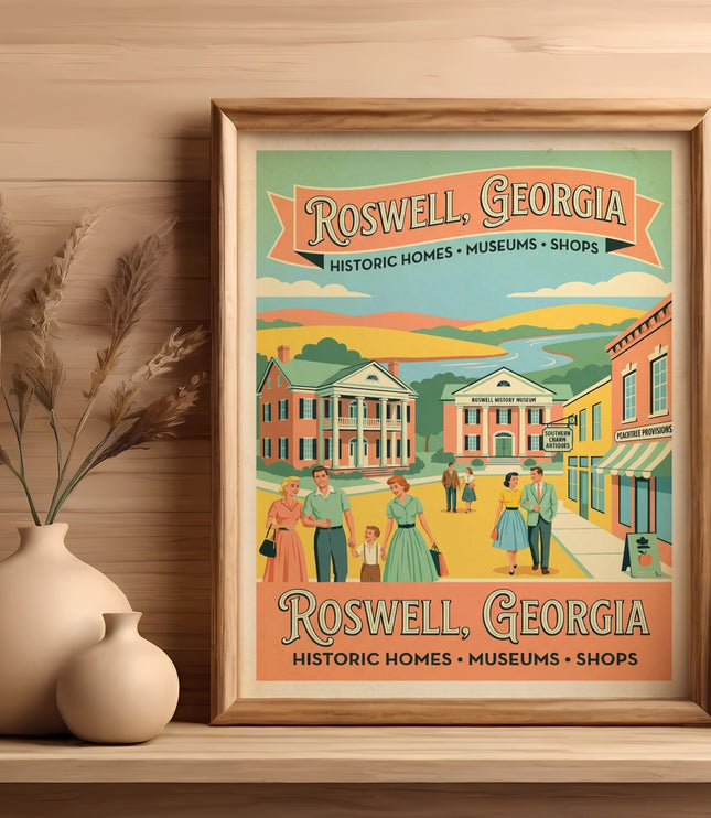 Framed poster of Roswell, Georgia with historic homes, museums, and shops.