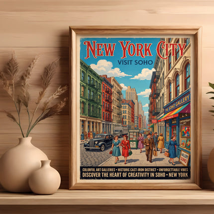 Vintage New York City Soho travel poster depicting street scene and buildings.