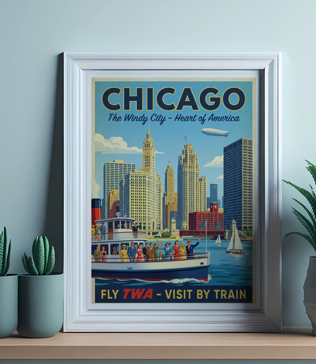 Vintage Chicago poster with skyline, boat, blimp, and text: FLY TWA - VISIT BY TRAIN.