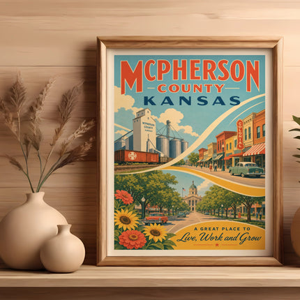 McPherson County, Kansas vintage travel poster with silos and street scene.