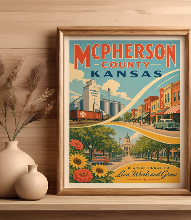 McPherson County, Kansas vintage travel poster with silos and street scene.