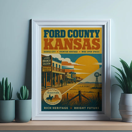 Vintage Ford County Kansas poster with Dodge City and frontier imagery.