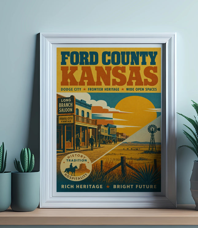 Vintage Ford County Kansas poster with Dodge City and frontier imagery.