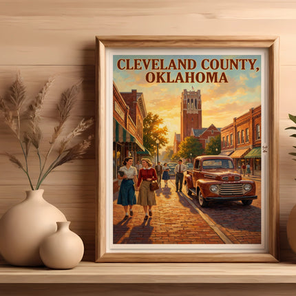 Vintage illustration of Cleveland County, Oklahoma street scene with people and a classic truck.