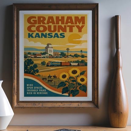 Graham County Kansas vintage travel poster with train, sunflowers, and windmill.