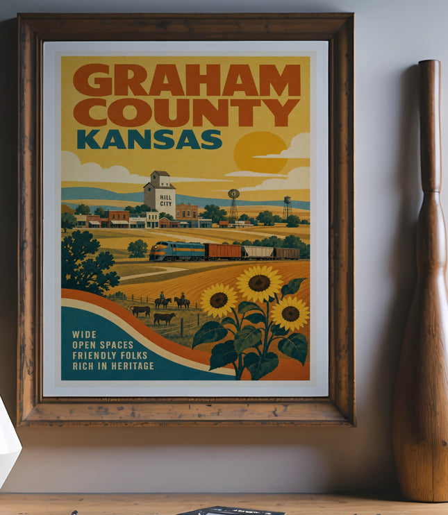 Graham County Kansas vintage travel poster with train, sunflowers, and windmill.