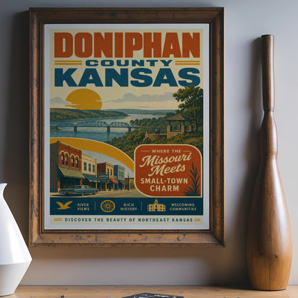 Doniphan County Kansas travel poster with river, history, and charm text.