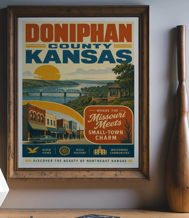 Doniphan County Kansas travel poster with river, history, and charm text.
