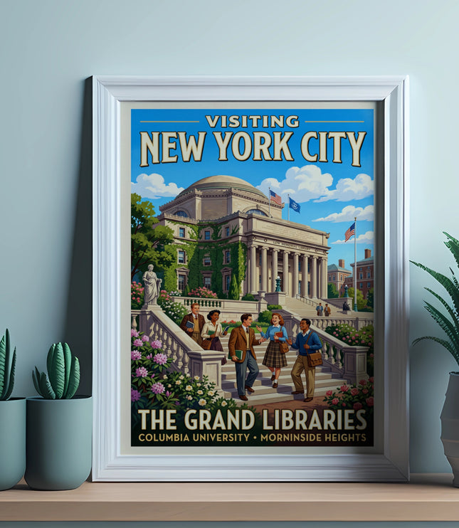 Vintage poster featuring "VISITING NEW YORK CITY THE GRAND LIBRARIES" with Columbia University buildings.