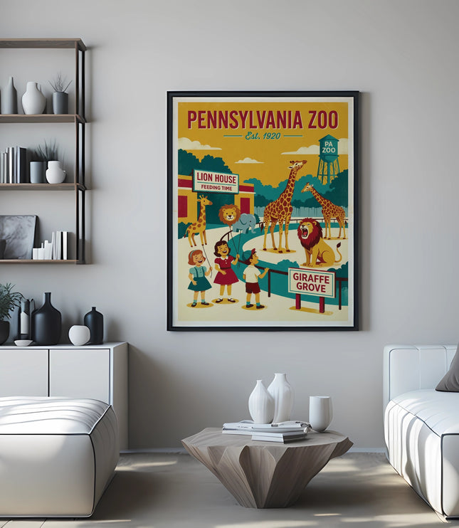 Poster for Pennsylvania Zoo with animals and text "Giraffe Grove".