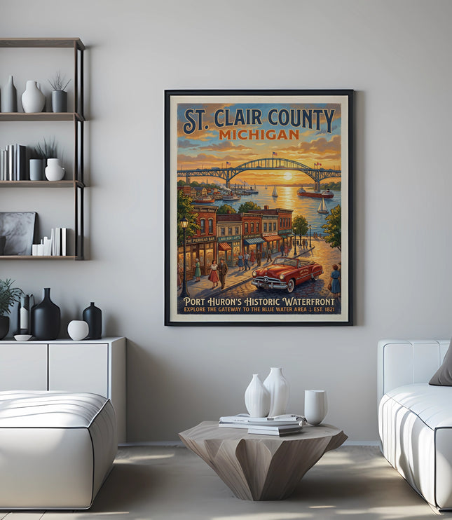 Vintage poster of St. Clair County, Michigan waterfront with a red car.
