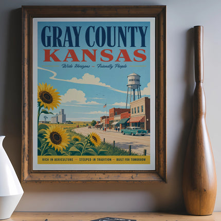 Gray County Kansas travel poster with sunflowers, water tower, and rural scene.