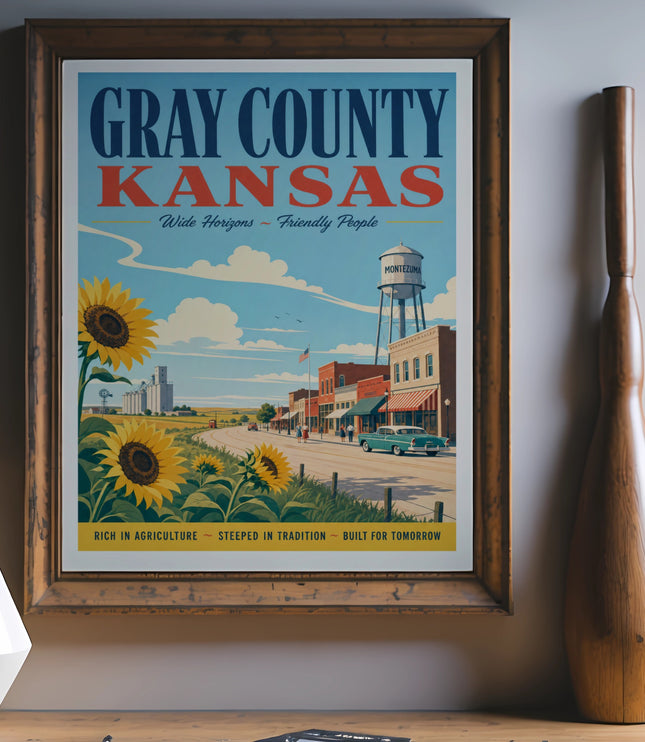Gray County Kansas travel poster with sunflowers, water tower, and rural scene.