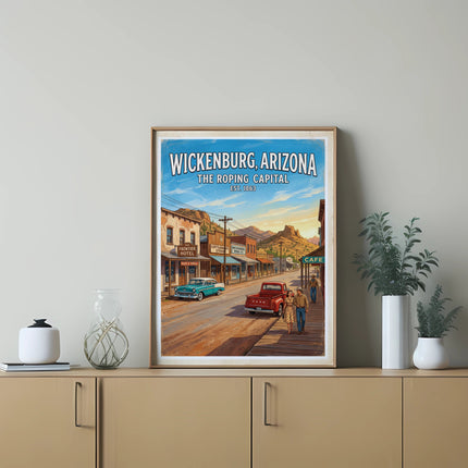 Vintage Wickenburg, Arizona poster depicting a rodeo town street scene at sunset.