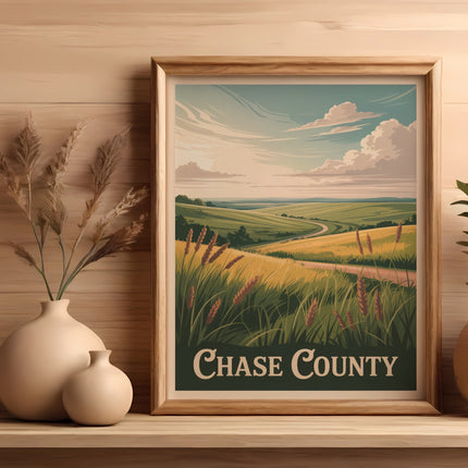 Framed landscape artwork with "Chase County" text, featuring rolling hills and a path.