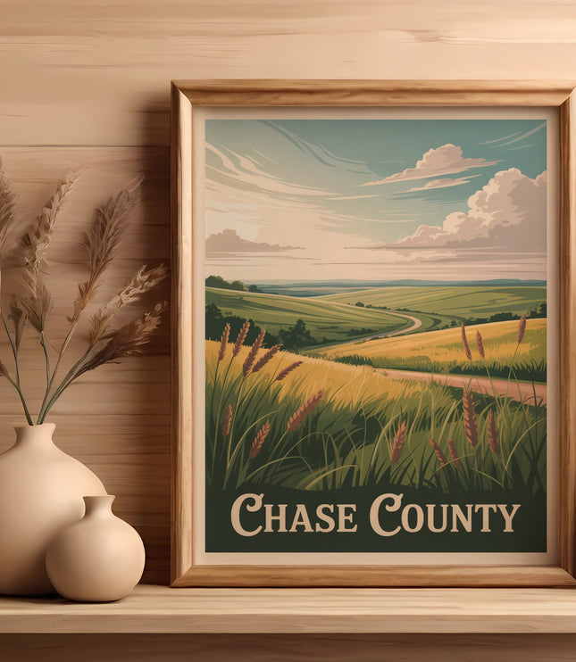 Framed landscape artwork with "Chase County" text, featuring rolling hills and a path.