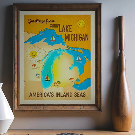 Vintage "Greetings from Lake Michigan" postcard with boats and suns.
