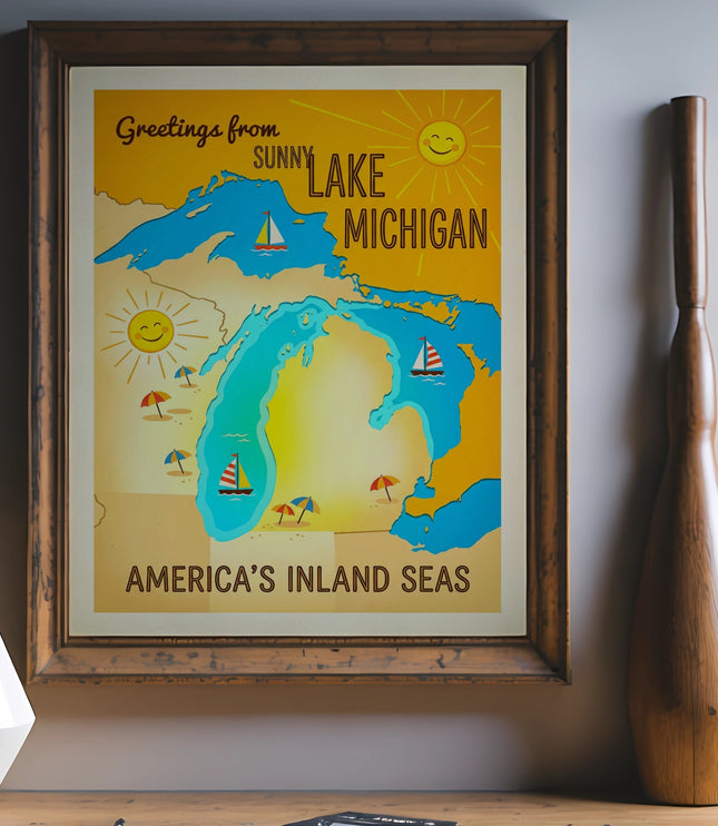 Vintage "Greetings from Lake Michigan" postcard with boats and suns.