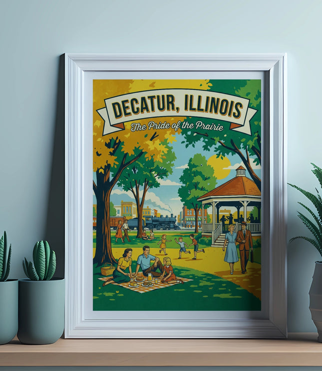 Decatur, Illinois: The Pride of the Prairie poster in a white frame.