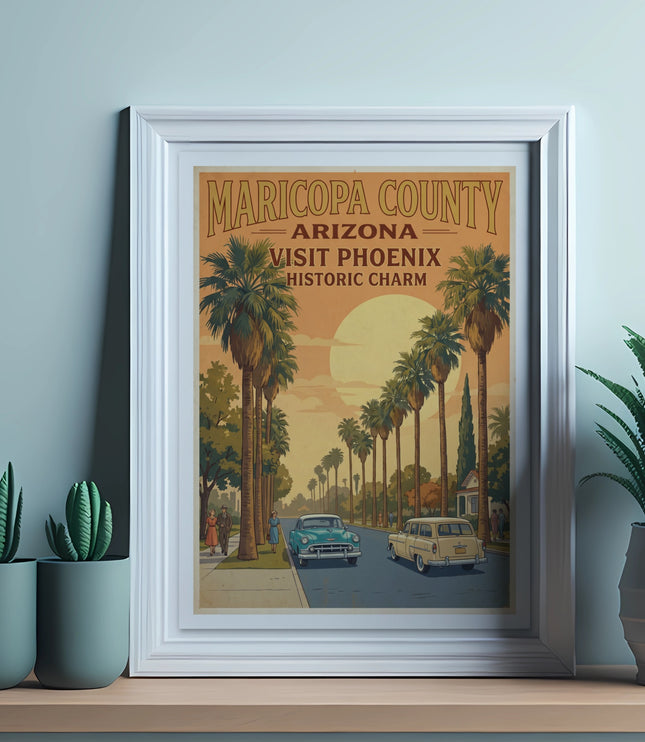 Vintage Maricopa County Arizona Visit Phoenix historic charm poster.