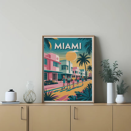 Art print of Miami beach scene with people rollerblading and palm trees.