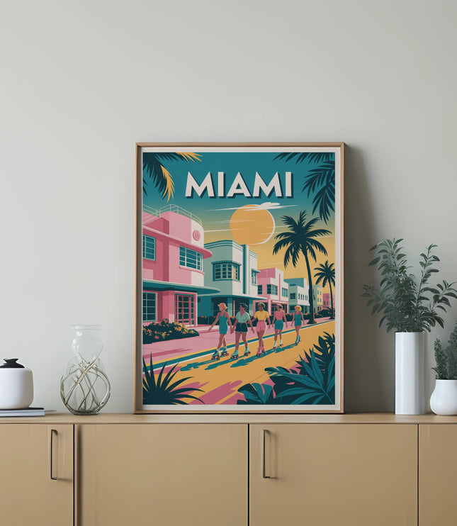 Art print of Miami beach scene with people rollerblading and palm trees.