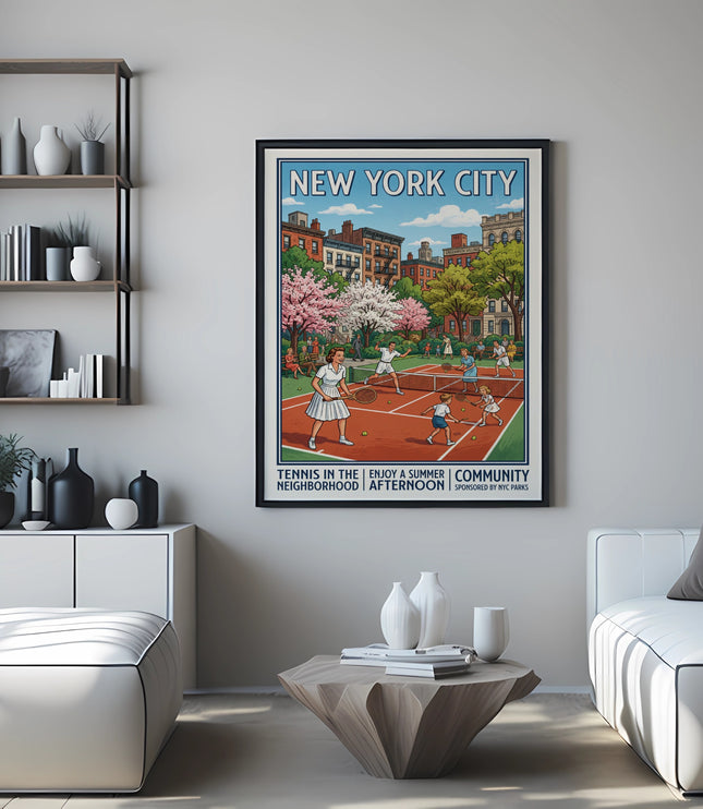 New York City poster depicts tennis in Greenwich Village on a summer afternoon.