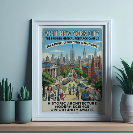 1940s New York City travel poster: Visit for research, discovery, and prosperity.