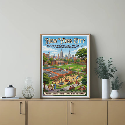 New York City Recreation Center poster with park scene and text.