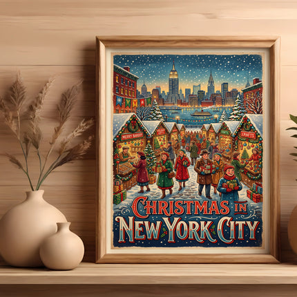 Framed illustration of Christmas market in New York City with "Christmas in New York City" text.