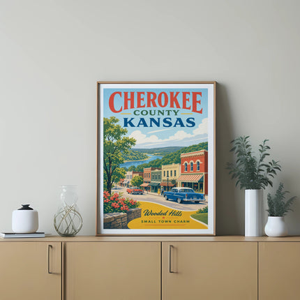 Cherokee County Kansas small town charm vintage travel poster.