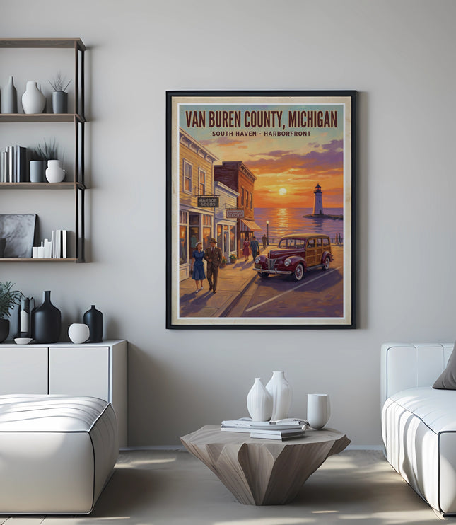 Vintage poster of Van Buren County, Michigan, featuring a beach town at sunset.