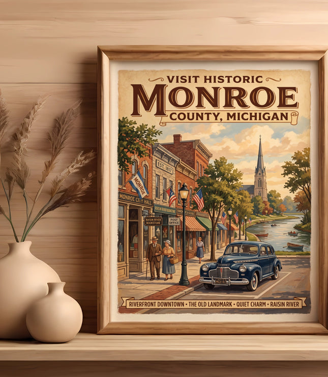 Vintage poster of Monroe, Michigan showing shops, a river, and a classic car.