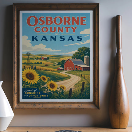 Vintage poster of Osborne County, Kansas, featuring sunflowers, farm, and red barn.