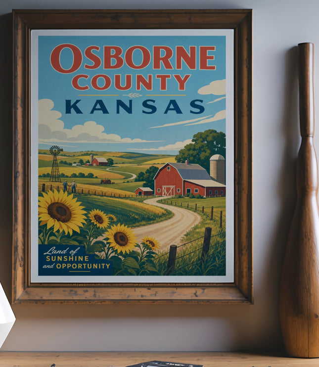 Vintage poster of Osborne County, Kansas, featuring sunflowers, farm, and red barn.