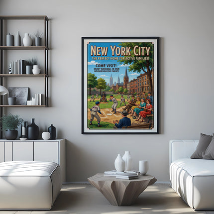 New York City baseball poster with families enjoying a game in a park.