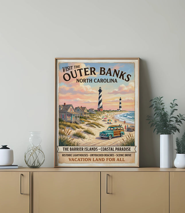 Outer Banks North Carolina travel poster with lighthouses, beach, and cars.