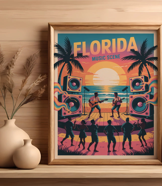 Framed art titled "Florida Music Scene" featuring a beach concert with musicians and dancers.