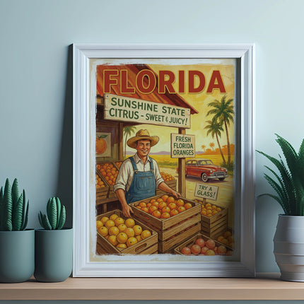 Framed vintage Florida oranges sign with man and truck, text reads "FLORIDA SUNSHINE STATE".