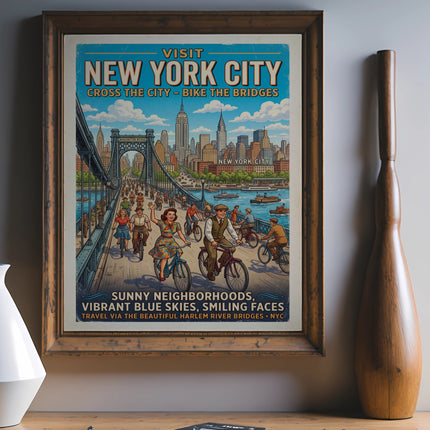 Vintage New York City bridge bike travel poster with text.