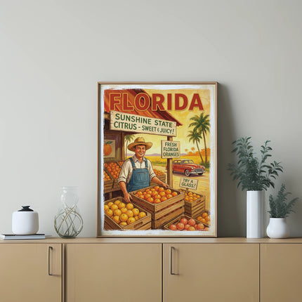 Man in overalls next to crates of Florida oranges, vintage advertisement.
