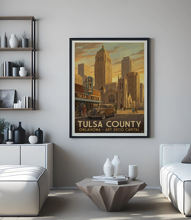 Tulsa County Oklahoma Art Deco Capital vintage poster with cityscape and car